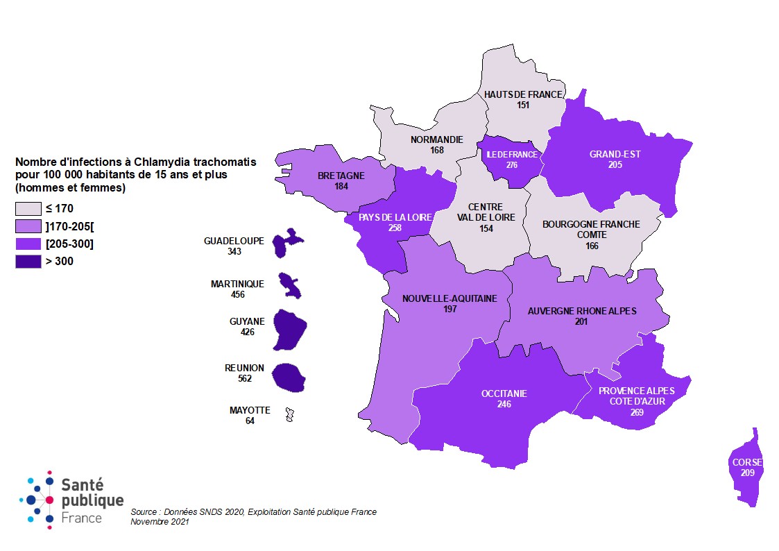 Figure 2 - Taux de diagnostics des infections à Chlamydia trachomatis en secteur privé, par région de domicile (pour 100 000 personnes de 15 ans et plus), France, 2020